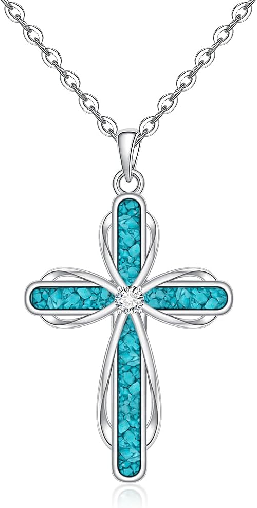 Cross Necklace for Women Sterling Silver Turquoise Religion Faith Cross Necklace Abalone Christian Jewelry Mothers Day Birthday for Women Gifts