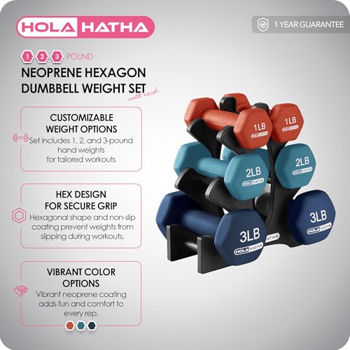 HolaHatha Neoprene Dumbbell Weights Set with Rack, 12 Lbs, Blue/Red - image 3
