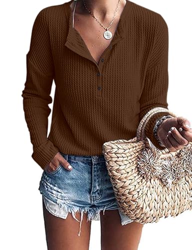 Image of MOLERANI Womens Long Sleeve Waffle Knit Henley Shirts Tunic Tops