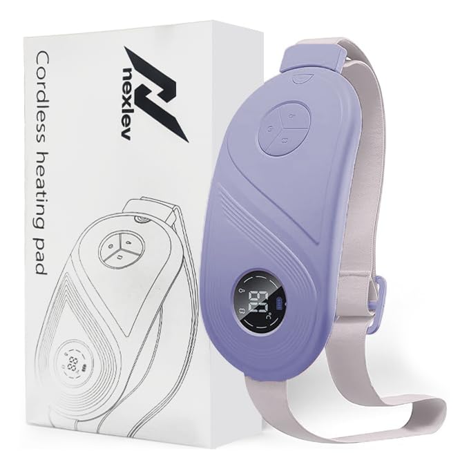 NexLev Cordless Electric Heating Pad| Period Cramp & Back Pain Relief Massager | 9 modes| Menstrual Cramp Relief|Type C| Crampfree Periods | Portable | Gift for Women| Strap upto 40 Inch |Purple CM-02