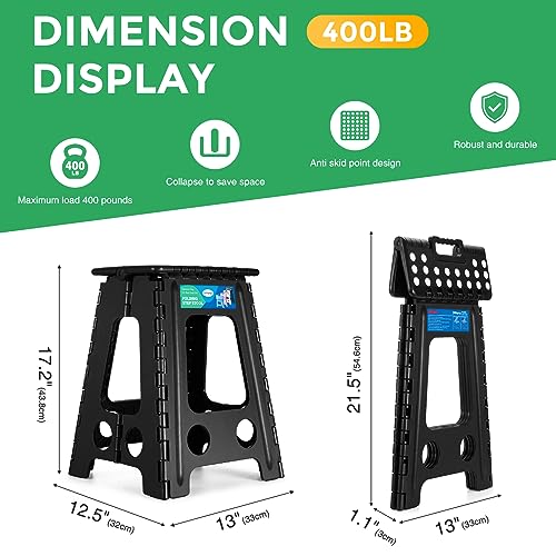 Image of Dyforce 17.5 Inch Folding Step Stool, 400 lbs Heavy Duty Non-Slip Foldable Plastic Step Stool for Adults, Collapsible Stepping Stool with Handle for Kitchen Bathroom Bedroom Office (Black 1PC)