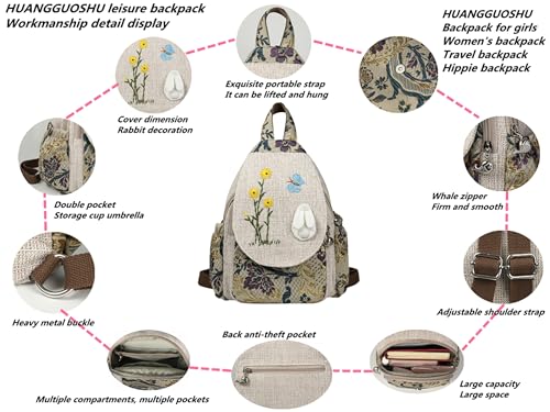 Image of Small Canvas Backpack, Retro Boho Washed Hippie for Women Daily Commute (Rabbit Decorations)