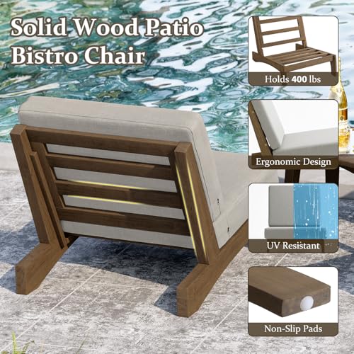 Image of Pia Ricoo Patio Chairs Set of 2, Heavy Duty Wood Patio Furniture Set with Thick Cushions, Bistro Set All-Weather Outdoor Chairs for Balcony, Deck, Poolside, Porch - Light Camel