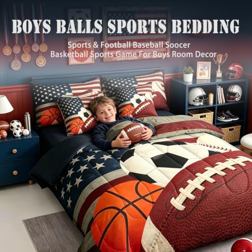 Image of Feelyou Boys Sports Comforter Set with Sheets 7 Piece Queen Size Football Baseball Soocer Basketball Bed in a Bag Kids Boys Girls American Flag Bedding Set Bedroom Decor Breathable Soft Microfiber