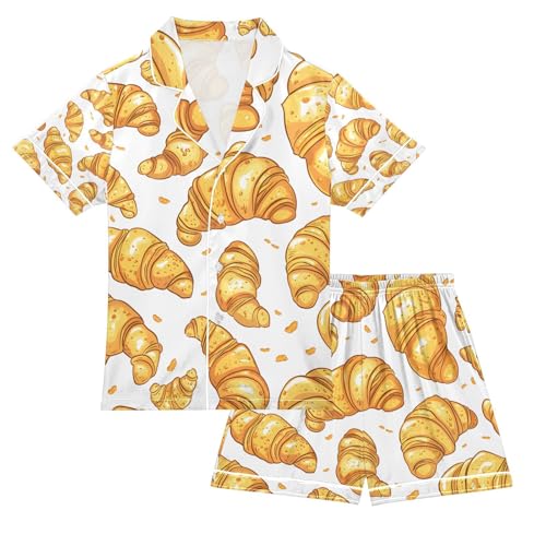 senya Crunchy Croissants Satin Summer Pajama Sets Silk Short Sleeve Button Down Sleepwear
