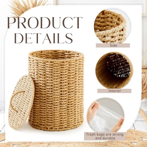Image of Ctosree 1.3 Gallons Small Trash Can with Lid Handle Boho Woven Braided Bathroom Waste Basket Trash Can with 100 Garbage Bags for Bedroom Office Laundry(Braided Paper Rope, Primary Color)
