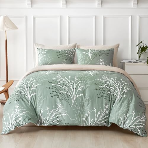Image of Lekesky Green Duvet Cover Queen Size, Reversible Floral Queen Comforter Cover with Branch Pattern, Soft 100% Washed Microfiber 3 Pieces Green Bedding Set with Zipper and 2 Pillowcases 20 inchx26 inch