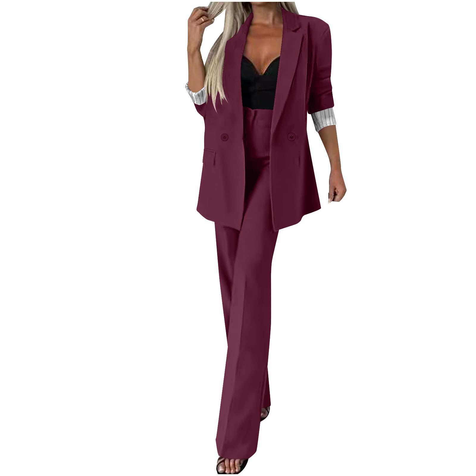 Womens Blazers Long Sleeve Turndown Collar Button Blazer High Waist Trouser Sets Fall Solid Business Blazer Suits