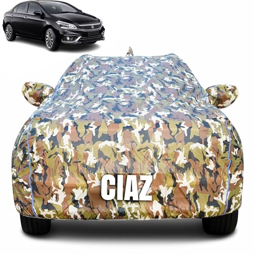 Image of 100% Waterproof Car Body Cover for Maruti Suzuki Ciaz with Mirror Pocket (Heat & UV Resistant, Triple Stitched, Soft Lining, Bottom Elastic & Piping) Camouflage, Military Print