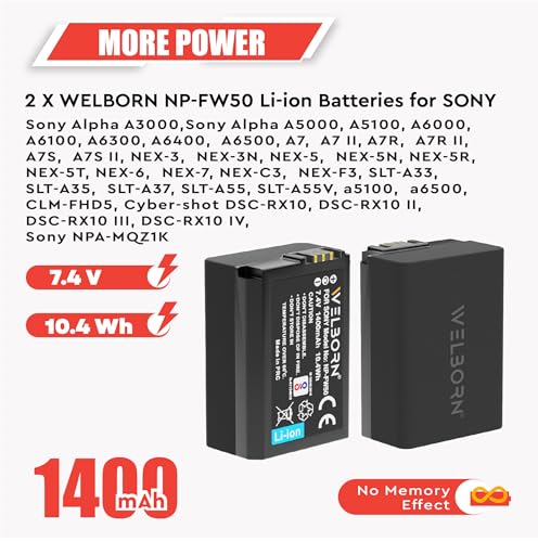 Image of WELBORN NP-FW50 Dual Battery and Charger Combo Pack for Sony NP-FW50 Battery for A7 /A7II /A7R A5100 NEX6 A6000 Cameras