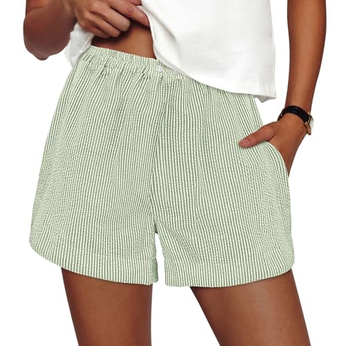PRETTYGARDEN Women Summer Striped Boxer Shorts, Striped Light Green White,S