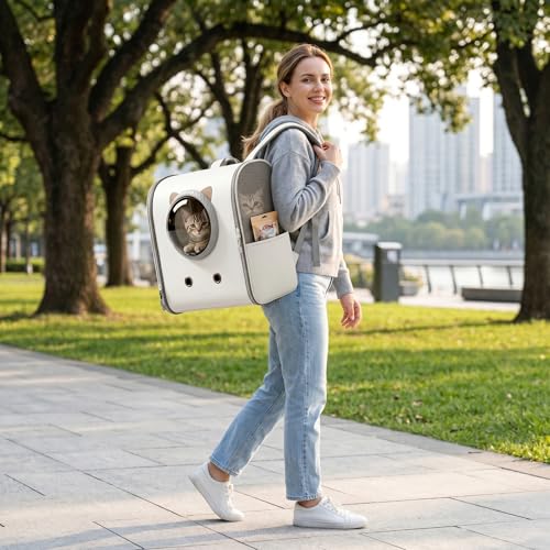Mochila porta gatos para paseos urbanos y visitas al veterinario con gatito blanco 4