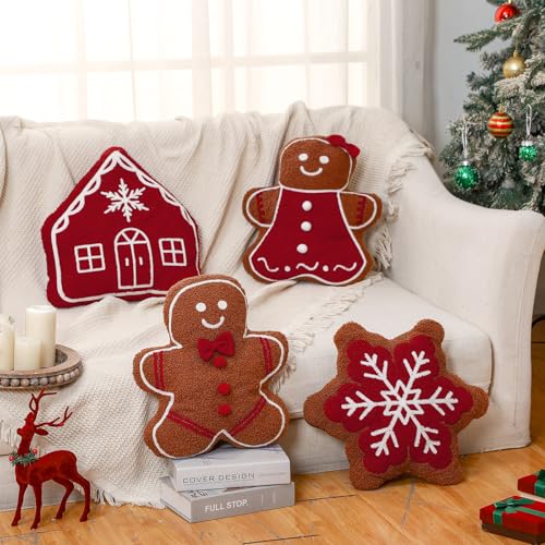 Image of HunnmingRe 4 Pcs Christmas Throw Pillows Fall Football Plush Pillows Winter Holiday Cushion Soft Decorative Cushions for Couch Bedroom Living Room Thanksgiving Xmas Decor(Red,Gingerbread)