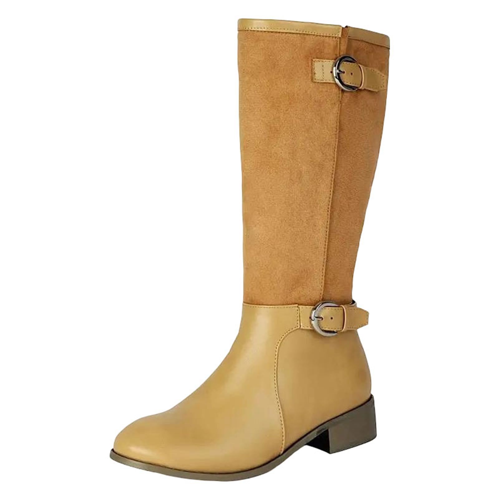 Womens Retro Knee High Riding Boots Round Toe Med Square Heel Slip On With Belt Buckle Detail Equestrian