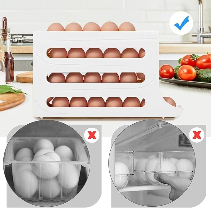 Image of 30 -Egg Holder Organiser With Automatic Rolling Dispenser For Refrigerator| Kitchen| Hotel, With Multi-layer Storage Rack. (White)