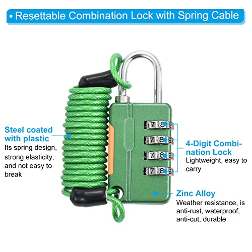 Image of PATIKIL 1 Pack 4 Digit Combination Lock, Helmet Padlock Cable Lock Gym Locker Lock with 3.28Ft Flexible Security Steel Lock Wire for Bike Locker Travel Luggage, Green