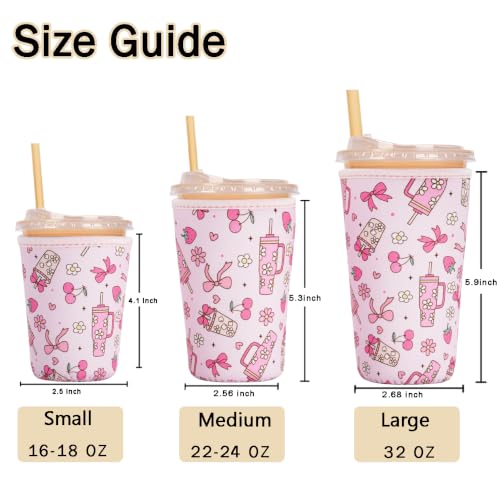 Image of Reusable Insulated Sleeve for Iced Coffee Cup, Coffee Neoprene Sleeve for Cold & Hot Drinks, Beverage Holder for Iced Coffee (Pink Ribbons, Large: 32oz)