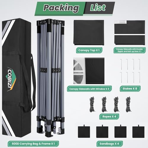 Image of COBIZI 10x10 Pop Up Canopy Tent with 4 Removable Sidewalls, One Push Party Tent Outdoor Waterproof Event Canopy with Air Vent for Parties Commercial Wedding, 3 Height, Carry Bag, Sandbag, Black