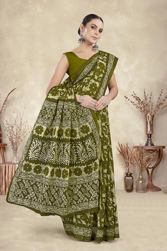 Image of TAMAIRA FASHION Mulmul Pure Cotton Saree For Woman Floral Batik Printed |Office Wear Daily Wear Sarees For Women Without Blouse Piece (Available in 16 Colours)