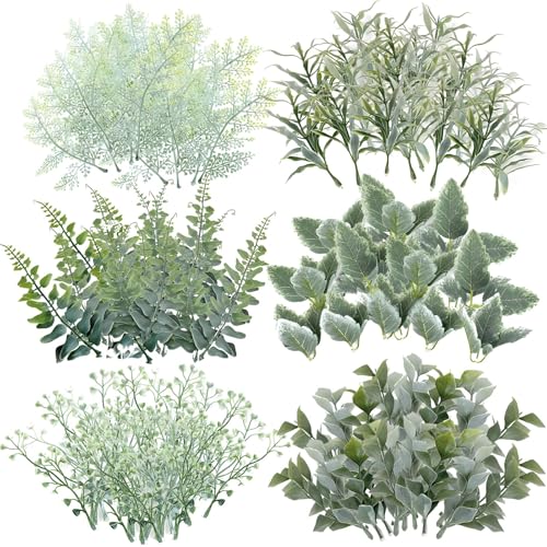 Kighdel 60 Pcs Artificial Green Foliage Realistic Artificial Leaves Faux Eucalyptus Plant & Stems for Bouquets Wedding & Party Decor Durable Reusable Greenery Fake Leaves DIY Garland Arrangements