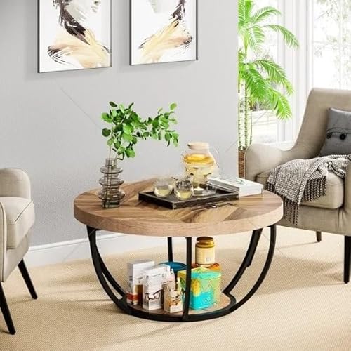 Acnivko ローテーブル リビングテーブル 丸 サークルコーヒー 収納棚付き モダンおしゃれ 木製センター? ソファサイドテーブル 木目調/アメリカ式実茶幾小戸型客間家庭用/シンプル茶台北欧風在宅勤務 寝室 勉強机、おしゃれ、狭い廊下ソファ (80*8