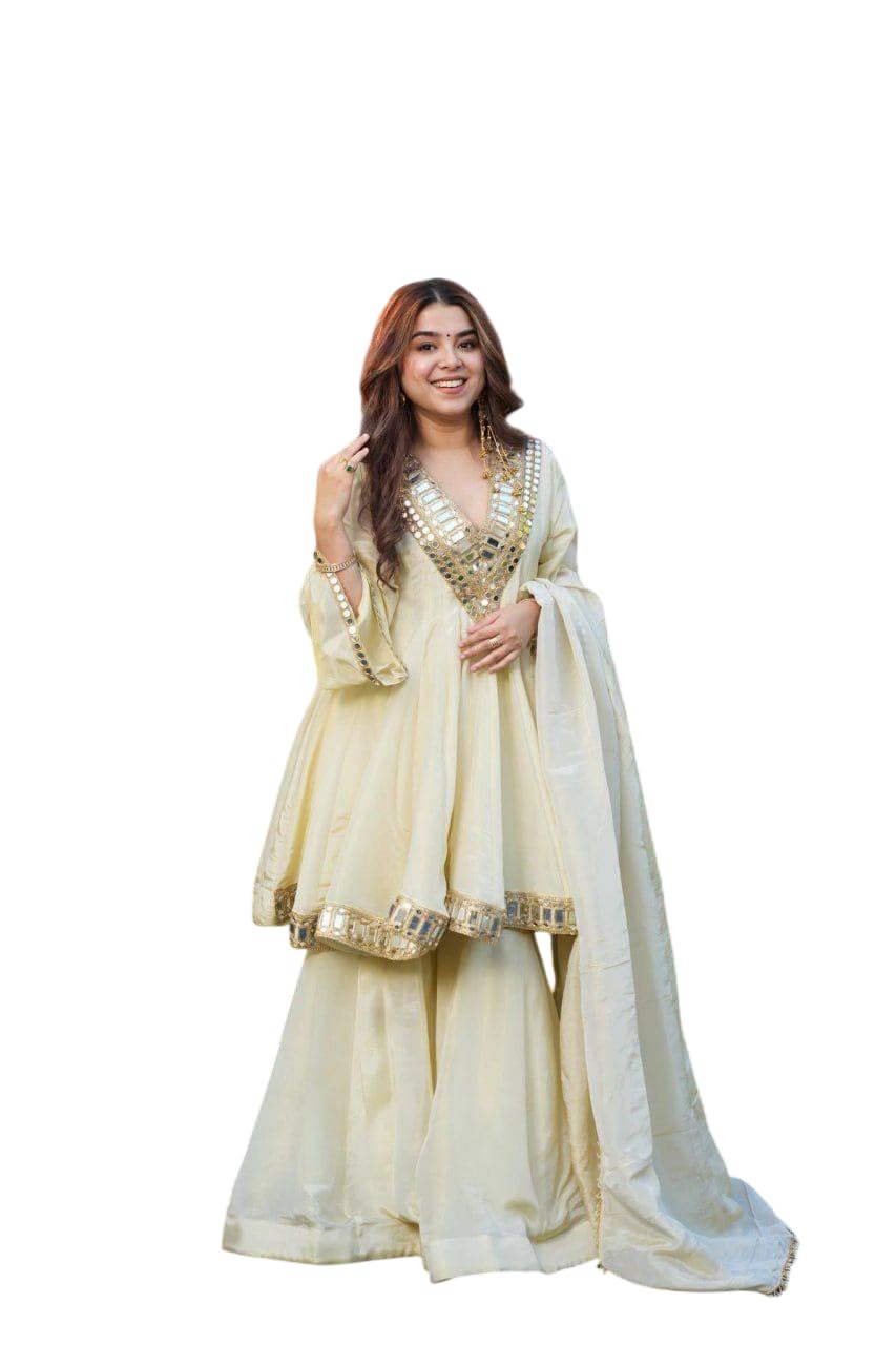Women's Beautiful Heavy Silk Real Mirror Work Salwar Suits Ready-to-Wear Wedding & Festive Ethnic Outfit op Palazzo and Duppata For Any Occasion-picture-54