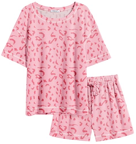 Image of Ekouaer Women's Waffle Knit Two Piece Lounge Set, Soft Matching Outfits for Daily Wear, Casual Shorts Set with Pocket