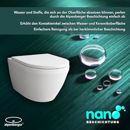 Alpenberger Toilette Spülrandlos | Wand WC mit Nano | Toilettendeckel mit Absenkautomatik | Hänge WC für Badezimmer | Moderne Gäste WC Toiletten | Tiefspüler Passend Geberit (Almeira 8200 S) – Bild 6