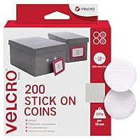VELCRO Brand | Stick On Coins | Double Sided Hook & Loop Self Adhesive Sticky Coins Perfect for Room Décor & Home, Office, Garage Use | White | 19mm x 19mm | Pack of 200