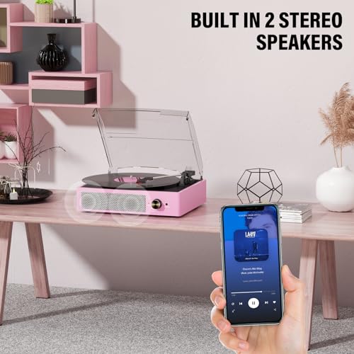 Image of Vinyl Record Player with 2 Stereo Speakers Belt-Driven Vintage Turntables 3 Speed 3 Size Wireless Bluetooth Playback AUX-in RCA Out Headphone LP Vinyl Players Auto Stop Pale Pink