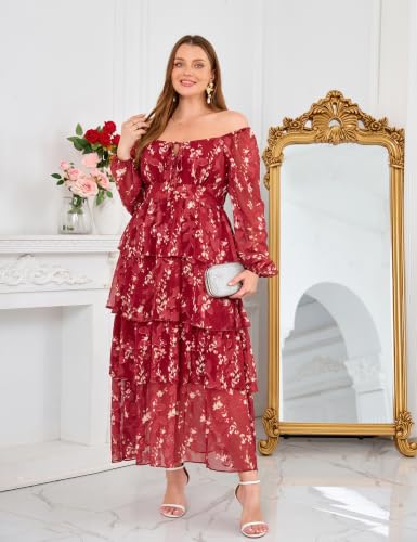 Image of EYWOL Plus Size Long Sleeve Floral Tiered Semi Formal Wedding Guest Dress | Chiffon Maxi, On or Off Shoulder, Flowy A-Line, Side Slit, Elastic Back Waist, Cocktail, Dinner Party, Engagement, Prom, Gala