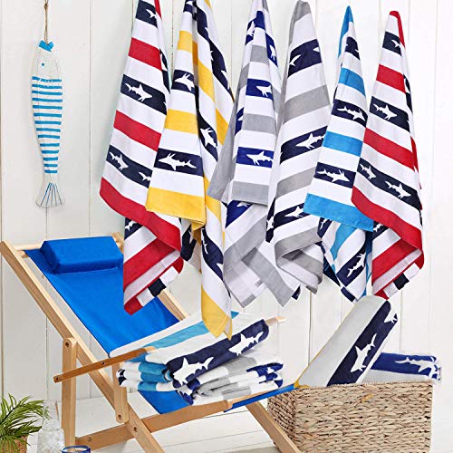 Cabanana Large Oversized Beach Towel - Velour Cotton Print 35 X 70 Inch Blue Yellow Striped Sand Free Pool Towel, Big Summer Mens Swim Cabana Towel #TOP3
