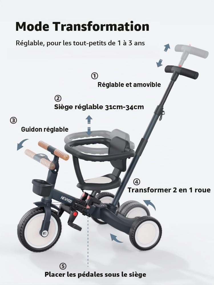 newyoo Tricycle Draisienne 5 en 1, Tricycle Bébé Évolutif 1-3 Ans avec Barre Poussée, Vélo Enfant, Guidon Réglable, Barres Sécurité, Jouet à Chevaucher, Cadeau Anniversaire, TR008, Gris Anthracite