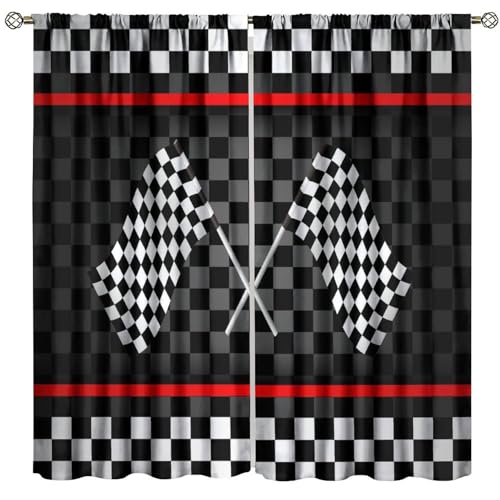 Image of ICMOLYYENLO Racing Kids Curtains Boys Red Racing Bedroom Track Flag Pattern Living Room Curtains Set of 2 42x45 Inches