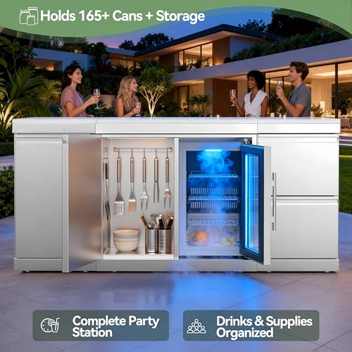 Image of Combo Storage and Refrigerator Cabinet for Outdoor Kitchen, Stainless Steel with 68L Refrigerator and Storage Unit, 0-8C Adjustable Temp & LED Light, Modular BBQ Island Center