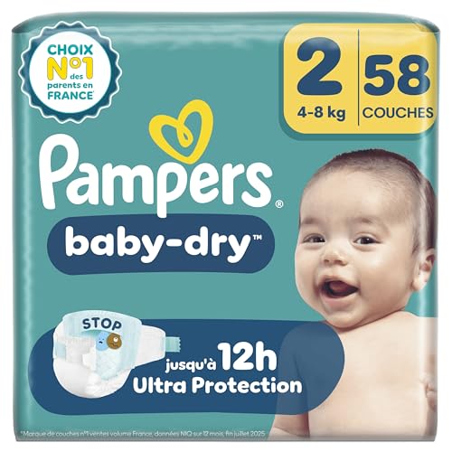 Pampers Baby-Dry Taille 2, 58 Couches, 4kg-8kg, Une Nuit Confortable Jusqu’À 100% Sans Fuites