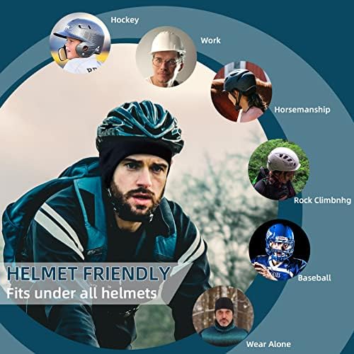 ROCKBROS Cycling Skull Cap with Ear Covers, Thermal Sports Beanie Hat Fits Under Helmets, Windproof Elastic Reflective Beanie Helmet Liner Caps for Biking Motorcycling Running Skiing Men Women Black