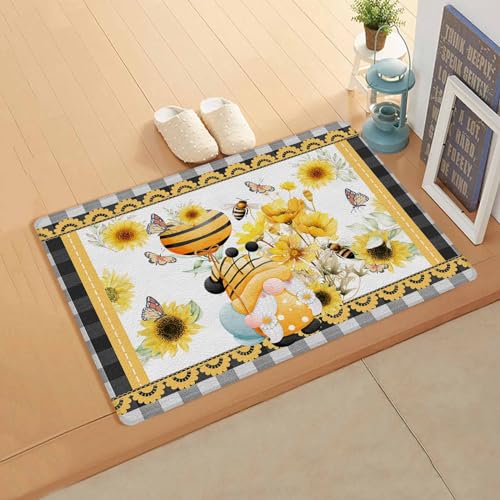 Floral Gnomes Antifatigue Kitchen Bath Door Mat Cushioned Runner Rug,Washable Welcome Floor Sink Mat,Waterproof & Non-Slip Kitchen Standing Doormat,White Summer Bee Spring Eucalyptus Checkered 18