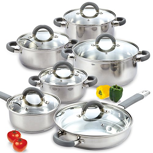 Comparison: Best Home Depot Stainless Steel Cookware 7 Cook N Home Kitchen Cookware Set, 12-Piece Basics Stainless Steel Pots and Pans Set with Grey Silicone Handle, Silver