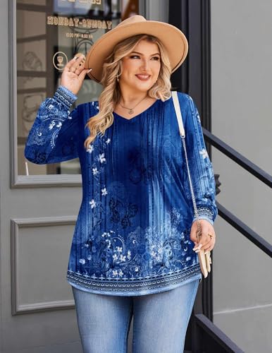 Image of IN'VOLAND Womens Plus Size Shirts V Neck Puff Long Sleeve Tops | Loose Fit, Dressy Casual Blouse, Pleated, Fall Outfits, Business Work TShirts, Basic Tees