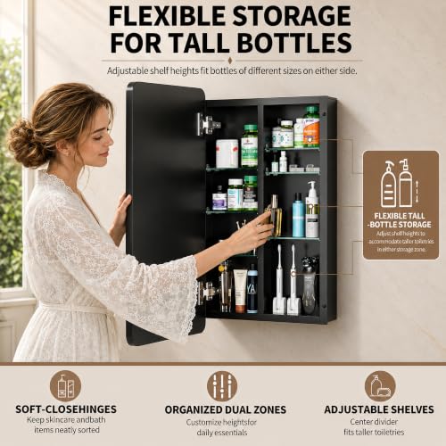 Image of 20x30 Black Medicine Cabinet with Mirror, Recessed & Surface Mount
