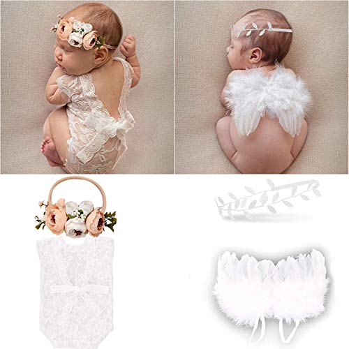 LCE Nouveau-Né Photographie Prop - Ange Plumes Ailes, Bandeau de Fleurs et Gilet en Dentelle, pour Fille Prop Vêtements Blanc