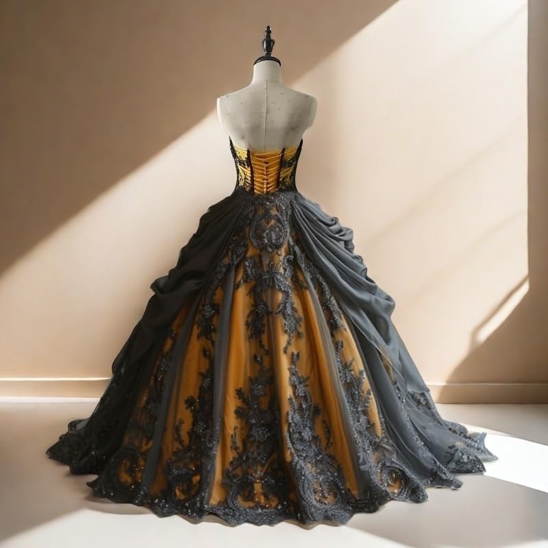 Mauuwy Gothic Weeding Dresses for Brides Black Lace Applique Bridal Dresses Embroidery Tiered Tulle Wedding Gown with Cape - Image 3