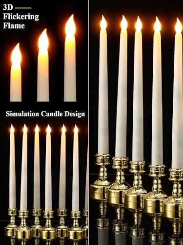 Image of 24 Pcs Flameless Taper Candles with Holders Remote Timer Battery Operated Candles Bulk LED Candlesticks Flickering for Valentines Wedding Home Window Carnival Party Decor(Gold,Classic Style)