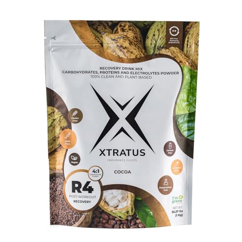 Image of Xtratus Endurance Fluids R4 Cocoa - Sports Recovery Drink mix with Carbohydrates, Vegan Proteins and Electrolytes. 4:1 Ratio (carb:protein). After Workout. Vegan. 35.27oz