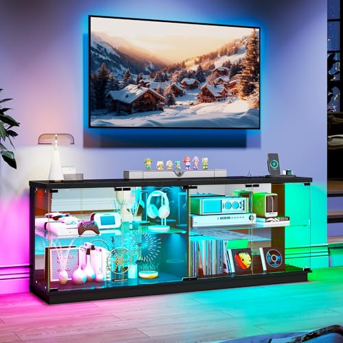 Lvifur Glasvitrine LED Beleuchtung und Glastüren,Glas Vitrinenschrank,TV Schrank mit Intelligente Sensorik,2-Lagen Holz Vitrine Staubdicht für Wohnzimmer Schlafzimmer Büro,Schwarz