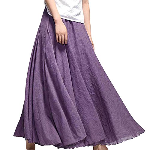 Kafeimali Women Bohemian Cotton Linen Double Layer Elastic Waist Long Maxi Skirt (DPU, 95CM-Length)