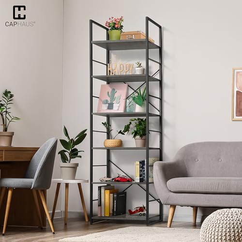 Image of CAPHAUS 6 Tier Bookshelf, 24 Inch Width Free Standing Shelf, Bookcase Shelf Storage Organizer, Industrial Book Shelves for Home Office, Living Room, Kitchen, Dark Grey Vintage Shelves & Metal Frame