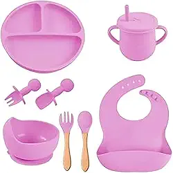 Kit Introdução Alimentar Bebe 8 Peças Silicone Iniciação Para Alimentos Livre de BPA Atóxico Antibacteriano Seguro Sem Pontas Colher, garfo, copinho, pote e pratinho Criança (Lilás)