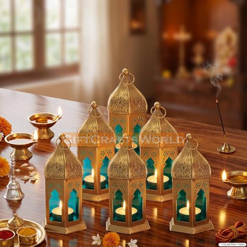 Image of Moroccan Lanterns & Candle Holders for Home Decor - Unique Diwali & Christmas Gifts (Blue, Set of 6)